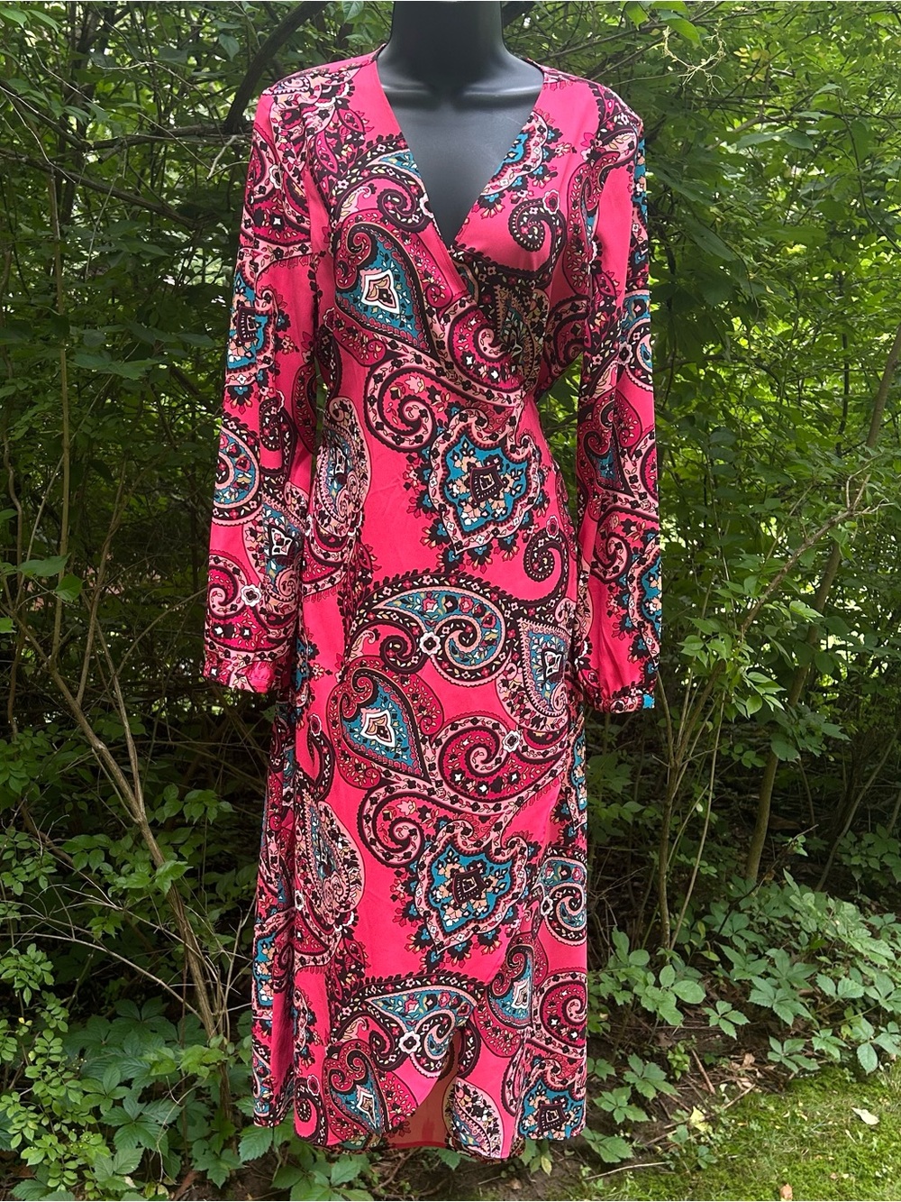 LOFT Bright Pink Paisley Long Sleeve Wrap Midi Dress